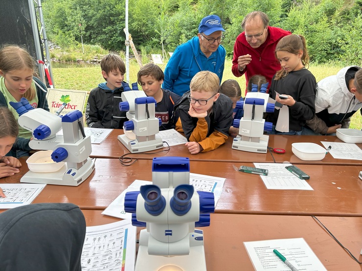 Bild: Das Bild zeigt Kinder, die an einem Tisch sitzen und an Mikroskopen kleine Insekten untersuchen und Aufgaben dazu lösen.